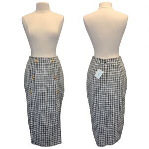 NWT By Egreis Women's M Rainia Tweed Slit Pencil Skirt White Black